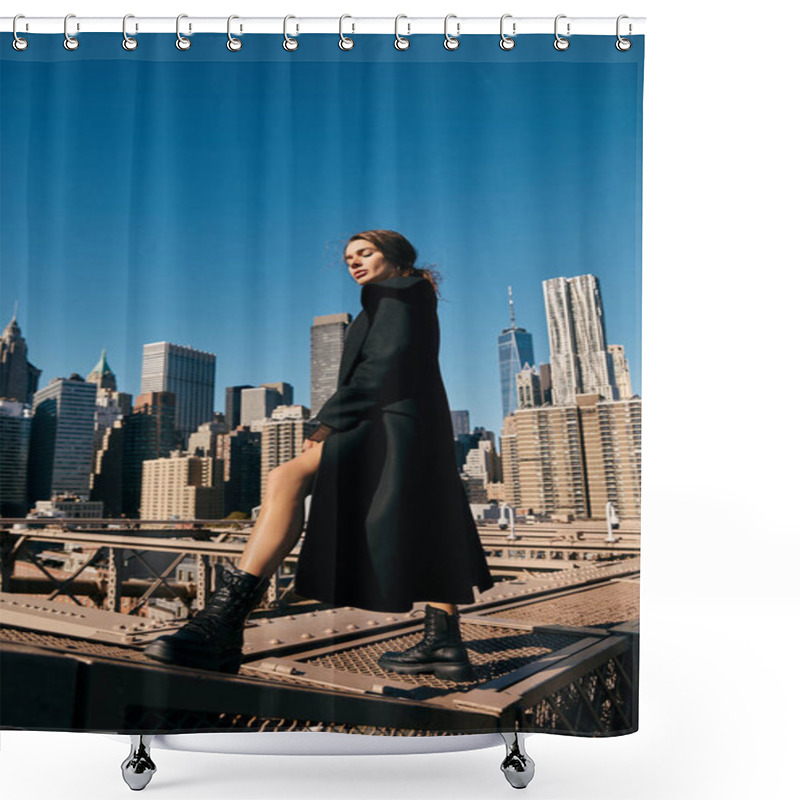 Personality  A Young Woman In A Black Coat Walks Across The Brooklyn Bridge, Looking Towards The City Skyline. Shower Curtains