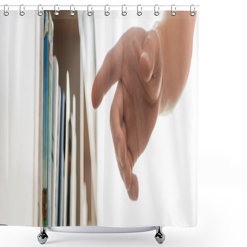 Personality  A Hand Reaches For A Book In A Bookcase. Shower Curtains