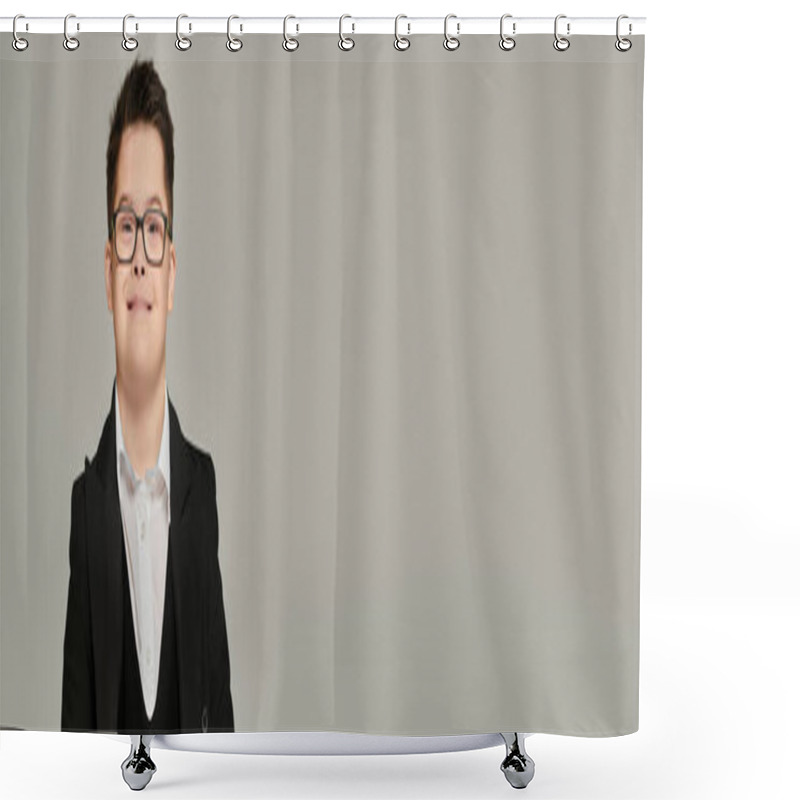 Personality  Schoolboy With Down Syndrome, In Eyeglasses, Smiling At Camera On Grey, Special Student, Banner Shower Curtains