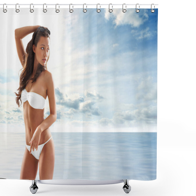 Personality  Young Sexy Brunette In Swimsuit Shower Curtains