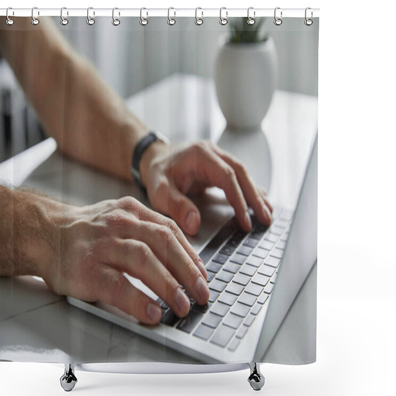 Personality  Cropped View Of Man Using Laptop With Black Keypad On White Marble Table Shower Curtains