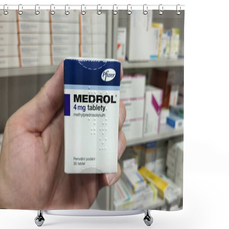 Personality  Prague,Czech Republic-October 9 2024: Medrol By PFIZER Contains METHYLPREDNISOLONE, A Corticosteroid Used To Reduce Inflammation In Conditions Like Arthritis, Allergies, And Immune Disorders Shower Curtains