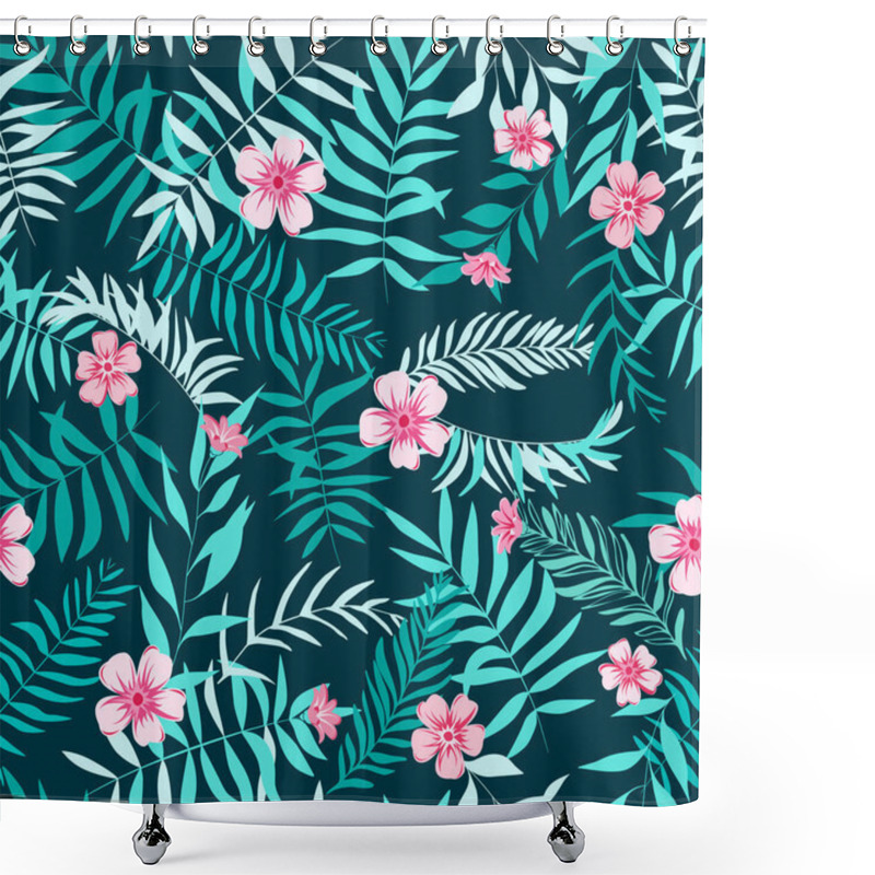 Personality  Seamless Tropical Leaves And Pink Flowers. Tropical Background. Print For Web, Fabric And Wrapping Paper. Shower Curtains