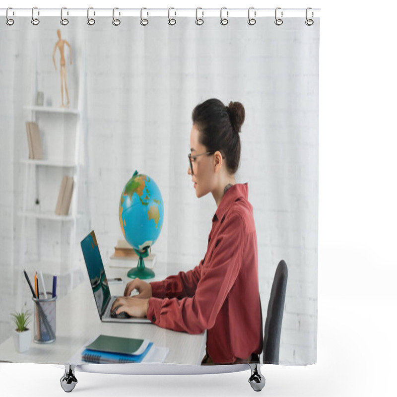 Personality  Side View Of Young Teacher In Eyeglasses Using Laptop With Blank Screen  Shower Curtains