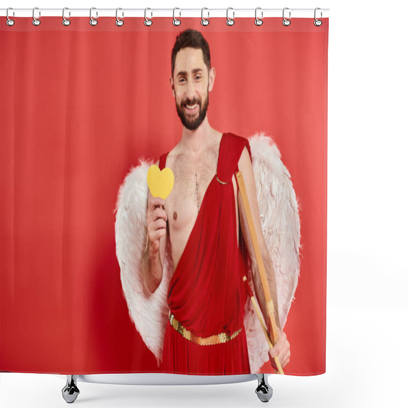 Personality  Cheerful Bearded Man In Cupid Costume With Bow And Yellow Paper Heart On Red, Saint Valentines Day Shower Curtains