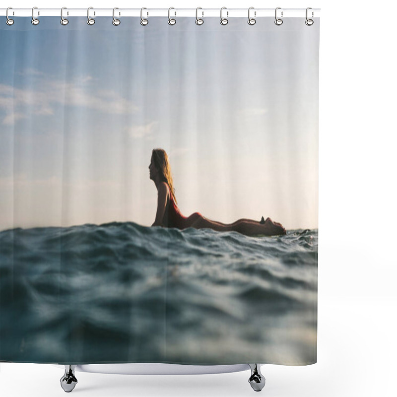 Personality  Side View Of Woman In Swimming Suit Surfing Alone In Ocean Shower Curtains