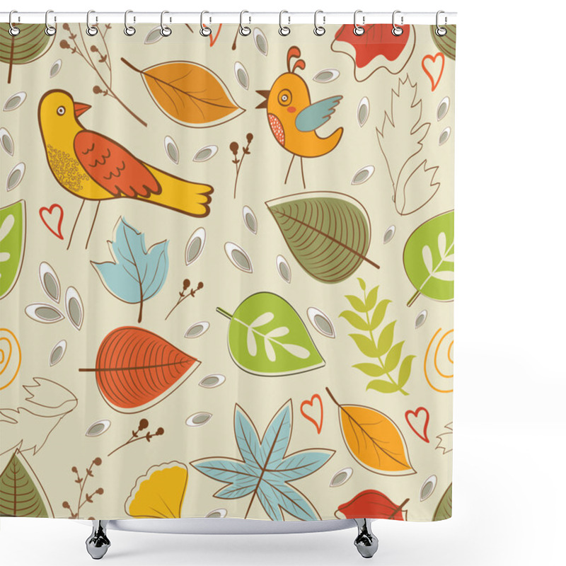 Personality  Autumn Pattern With Birds, Flowers And Leaves Shower Curtains