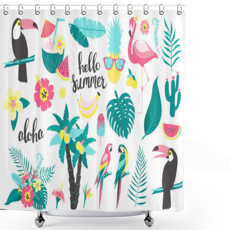 Personality  Summer Set Of Design Elements Tropical Leaves, Flowers, Fruits, Flamingos, Toucan, Parrot. Vector Illustration  Shower Curtains