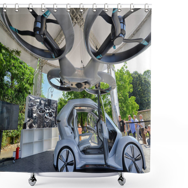 Personality  Pop Up Next Fully Electric Modular System Developed By Audi Airbus And Italdesign Combination Of Ground And Air Vehicle On Display At Auto Show. Turin Italy June 9 2018 Shower Curtains