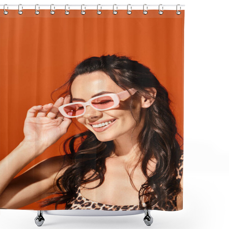 Personality  A Stylish Woman Exudes Confidence In Pink Sunglasses And A Leopard Print Top Against An Orange Background. Shower Curtains