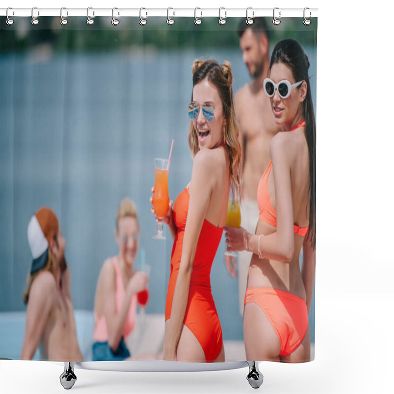 Personality  Beautiful Girls In Sunglasses And Swimwear Holding Cocktails And Smiling At Camera On Beach Shower Curtains