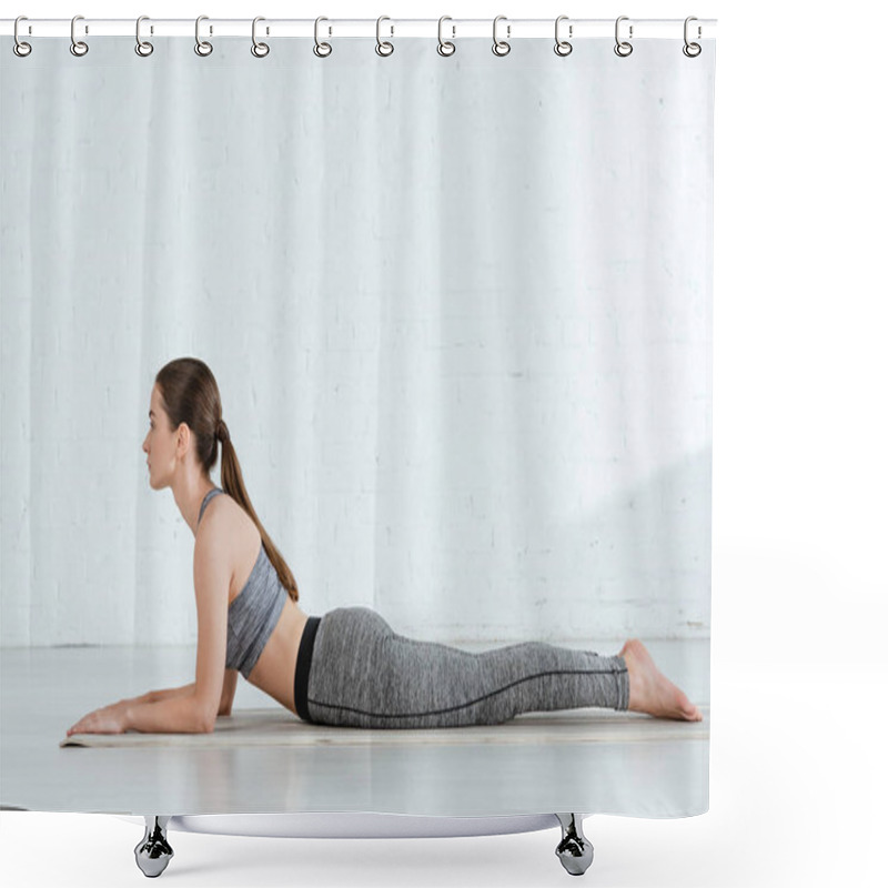 Personality  Side View Of Young Woman In Sportswear Practicing Yoga In Sphinx Pose Shower Curtains