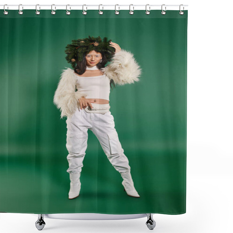 Personality  Holiday Fashion, Pretty Woman With White Makeup And Trendy Outfit Posing In Wreath On Green Backdrop Shower Curtains