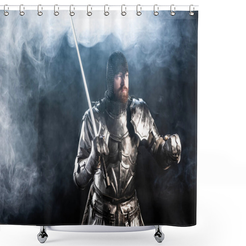 Personality  Handsome Knight In Armor Looking Away And Holding Sword On Black Background  Shower Curtains