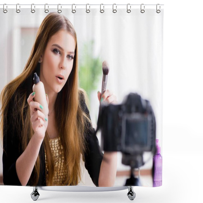 Personality  Beauty Blogger Filing Video For Her Blog Or Vlog Shower Curtains