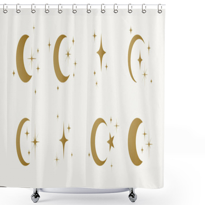 Personality  Moon With Stars Set. Half Moon, Crescent With Star, Night Sky Background. Half Moon Symbol, Graphic Elements, Light Star Shapes Graphic, Boho Witch Mystic Crescent Icon Collection. Vector Illustration Shower Curtains