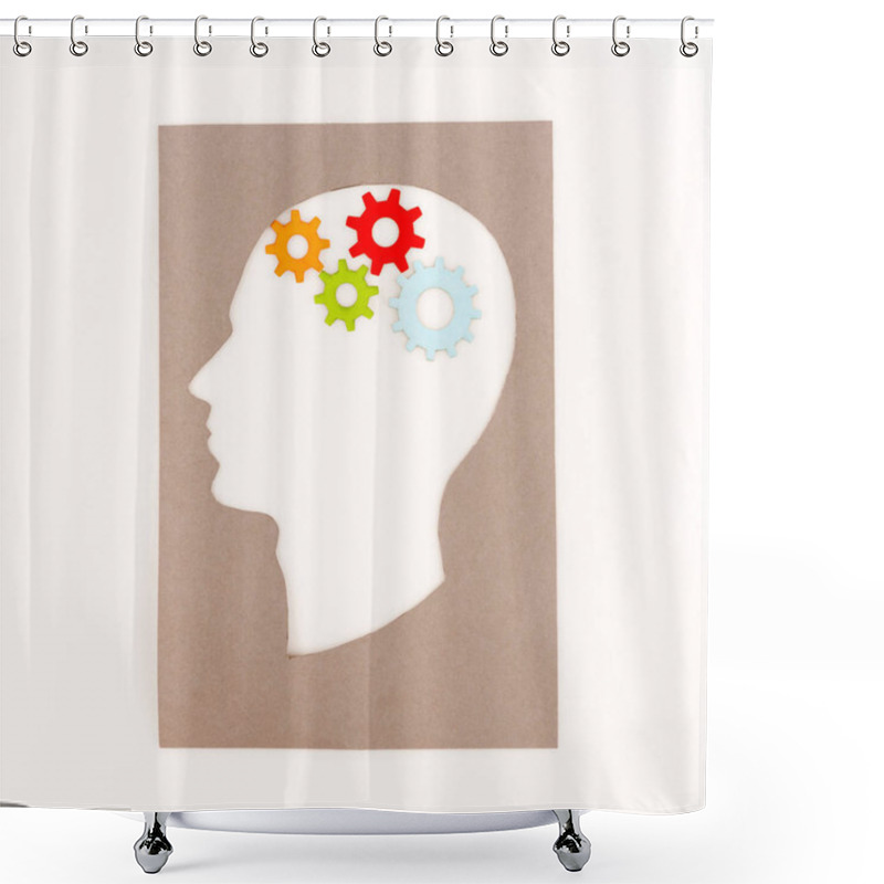 Personality  Top View Of Human Head Silhouette With Gears Isolated On White Shower Curtains