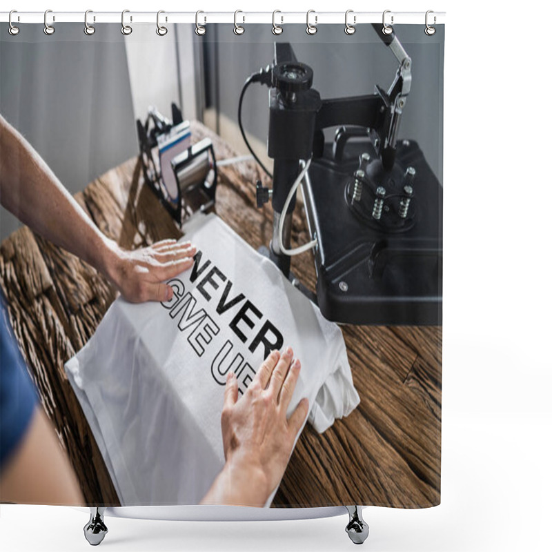 Personality  Man Printing On T Shirt In Workshop Shower Curtains