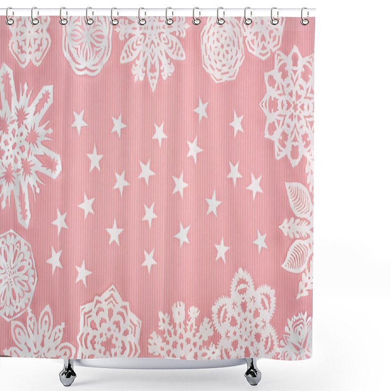 Personality  Christmas Background With Paper Snowflakes And Stars On Pink Shower Curtains