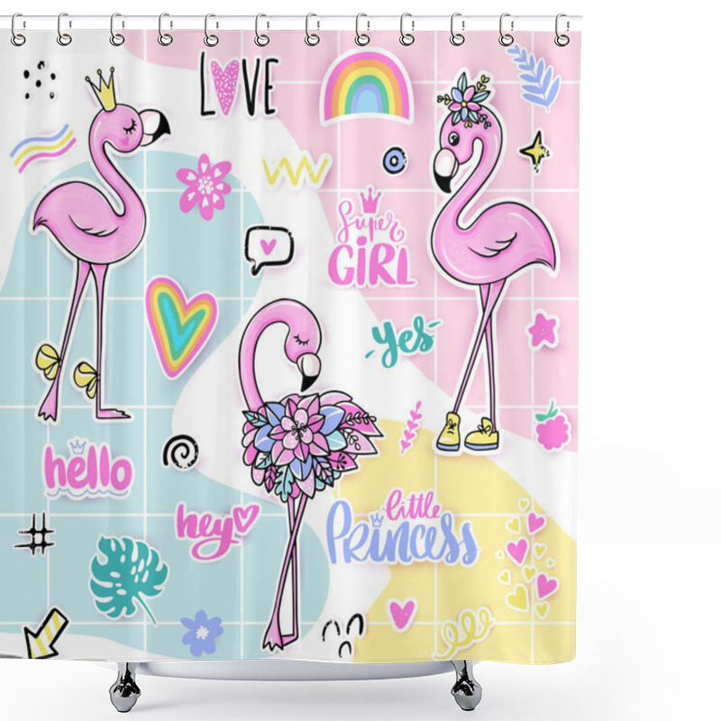 Personality  Vector Summer Set With Pink Flamingos. Bright Stickers Collection. Shower Curtains