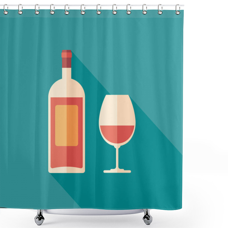 Personality  Wine Bottle And Wine Glass Flat Square Icon With Long Shadows. Shower Curtains