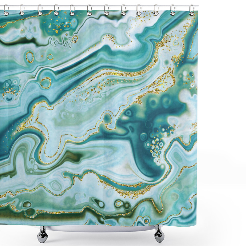 Personality  Abstract Background, Fake Stone Texture, Blue Gold Ocean Jasper Agate Or Marble Slab With Veins, Wavy Lines Fashion Print, Painted Artificial Marbled Surface, Artistic Marbling Illustration Shower Curtains