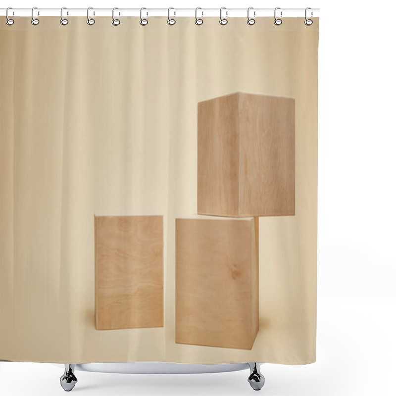 Personality  Three Brown Wooden Cubes Isolated On Beige Shower Curtains