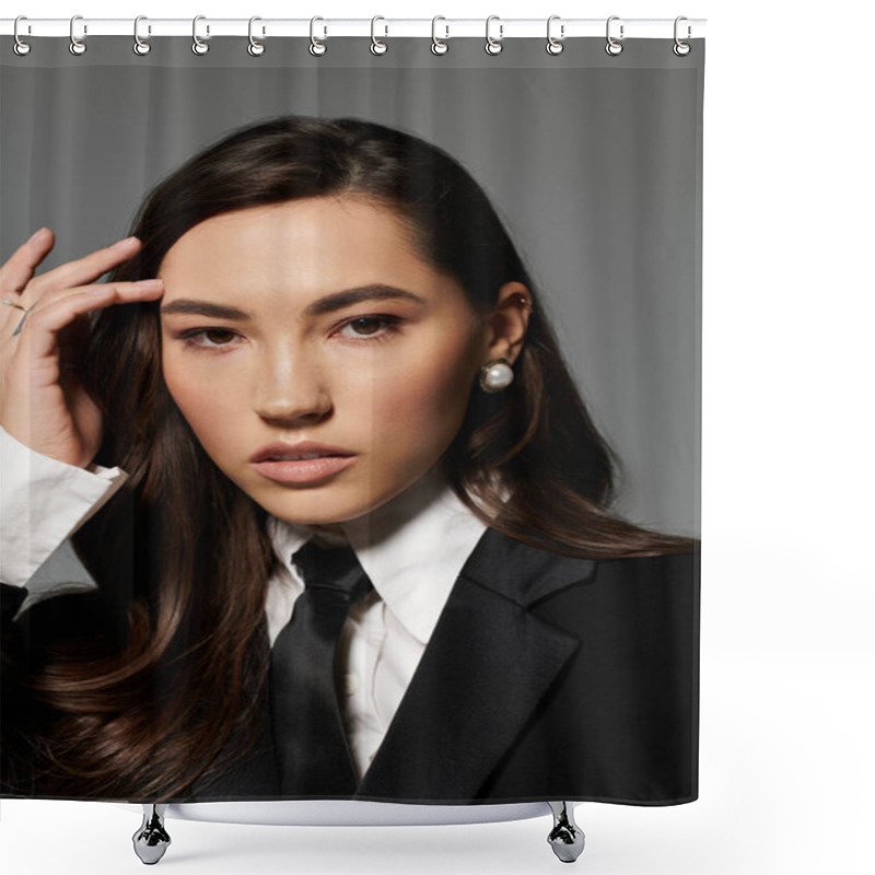 Personality  A Young Woman With Long Brown Hair Poses Elegantly In Stylish Attire Against A Grey Backdrop. Shower Curtains