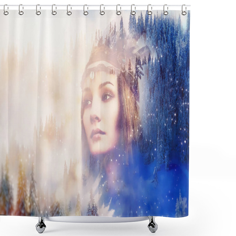 Personality  Shaman Woman In Winter Landscape, Artist Collage. Shower Curtains