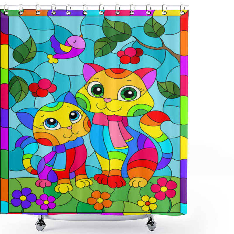 Personality  Stained Glass Illustration With Bright Cartoon Cats Against A Blue Sky  And Flowers, In A Bright Frame Shower Curtains