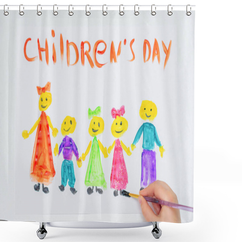 Personality  Top View Of Hand Of Child Drawing The Different Children With Words Children's Day For The Holiday Happy Children's Day. Shower Curtains