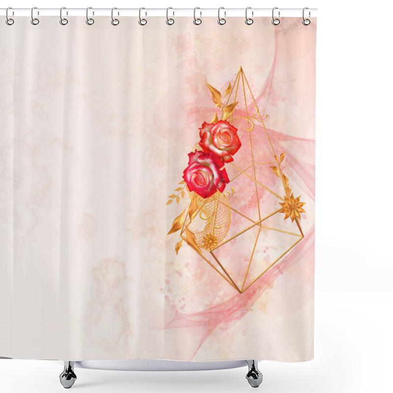 Personality  Flower Arrangement, Beautiful Red Roses, Stylized Golden Leaves And Flowers, Shiny Berries, Delicate Curls, Geometric Shape, Paisley Elements, 3d Rendering, Marble Texture, Card Shower Curtains