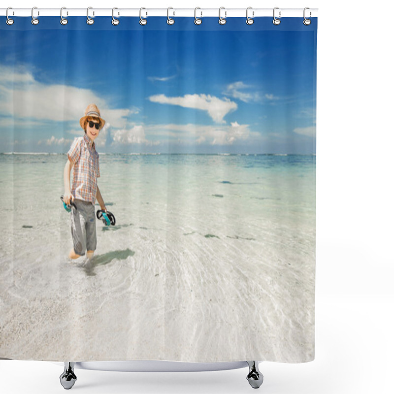 Personality  Happy Young Boy Staying In The Ocean Water On Beautiful Beach Wearing Hat And Sunglasses. Shower Curtains