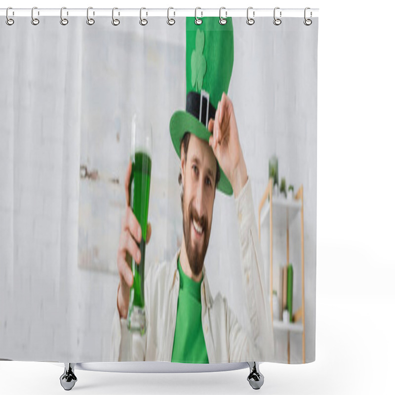 Personality  Positive Man Holding Green Beer And Hat During Saint Patrick Day At Home, Banner  Shower Curtains