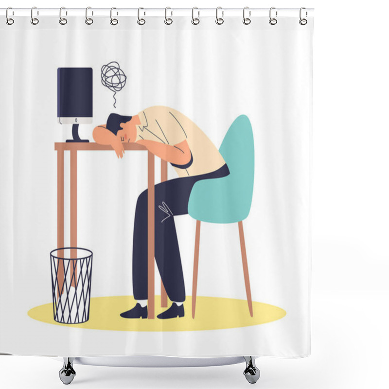 Personality  Tired And Exhausted Businessman Lying On Desktop Overworked And Overwhelmed At Workplace Shower Curtains