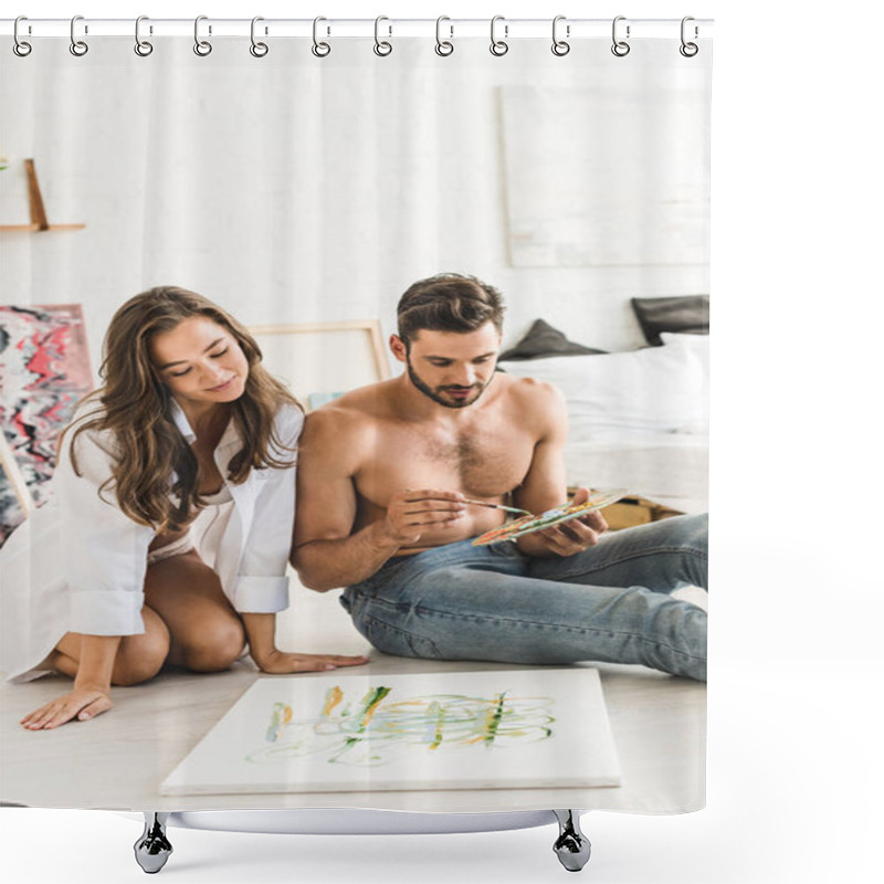 Personality  Sexy Shirtless Man Drawing While Girl Sitting Behind Guy, Smiling And Looking At Painting Shower Curtains