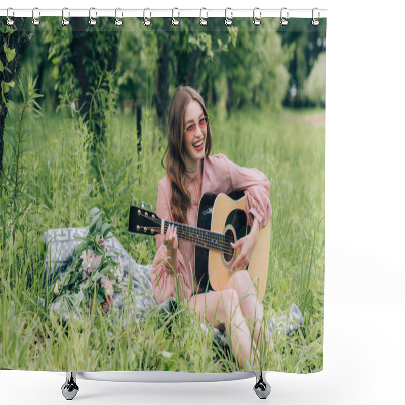 Personality  Happy Woman In Sunglasses With Acoustic Guitar Resting On Blanket With Bouquet Of Flowers In Park Shower Curtains