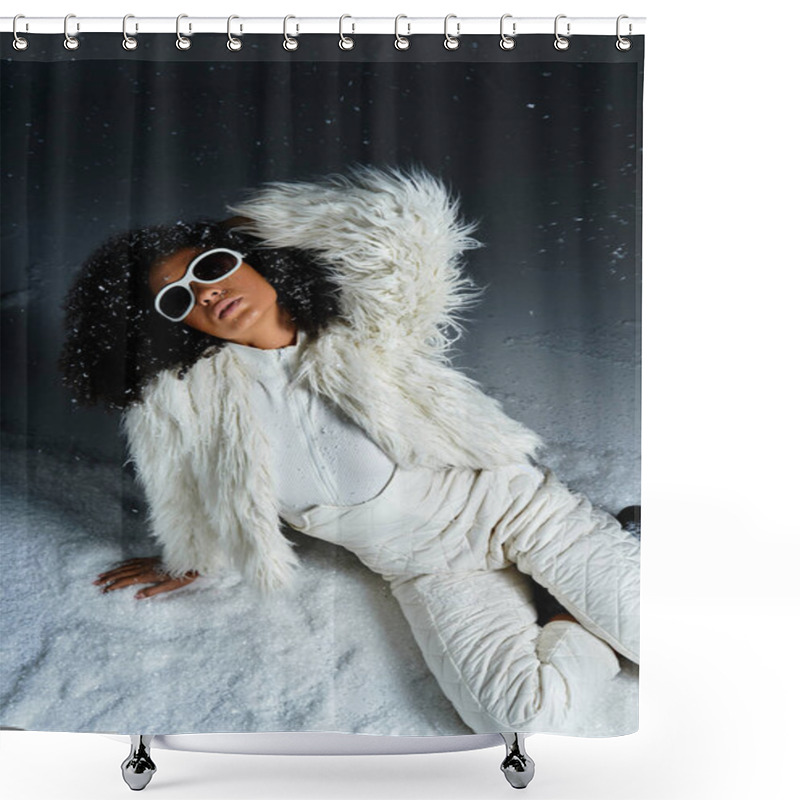 Personality  A Fashionable Woman Lounges In The Snow, Showcasing Her Stunning Winter Outfit And Glamorous Style. Shower Curtains