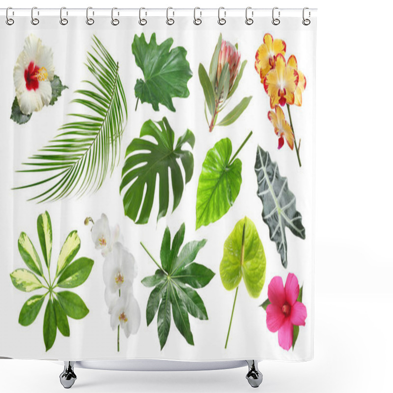 Personality  Set Of Fresh Tropical Leaves And Flowers On White Background Shower Curtains