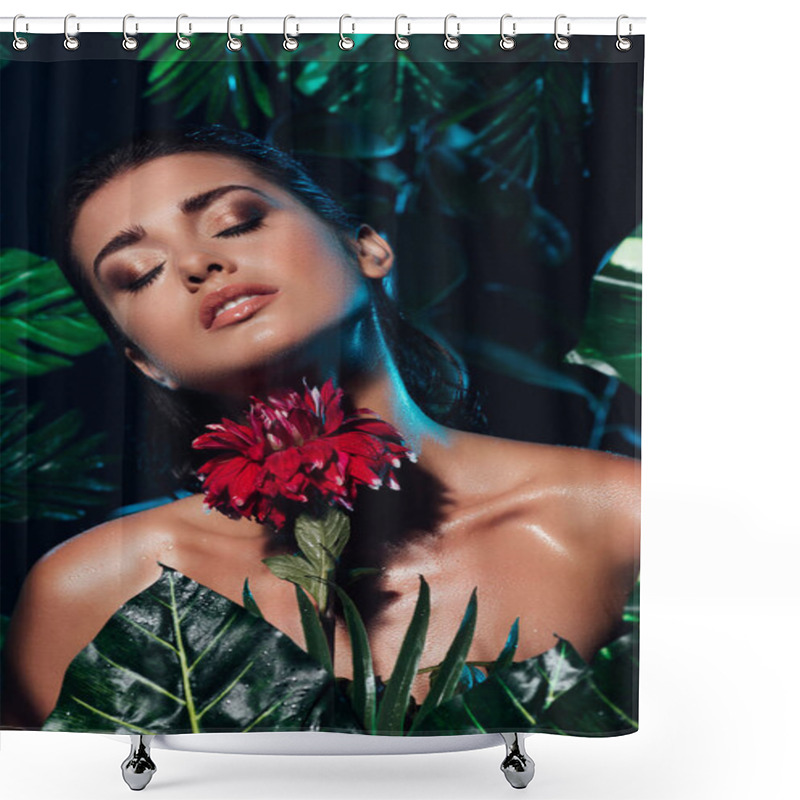 Personality  Young Sexy Woman Holding Red Blooming Flower Near Green Leaves  Shower Curtains