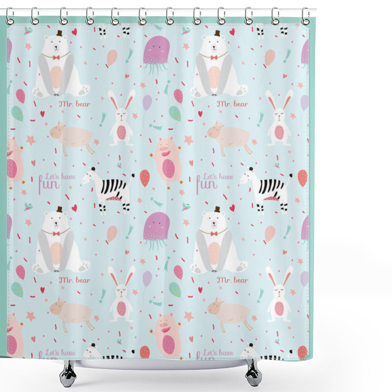 Personality  Cute Childish Pattern With Cartoon Animals, Speech Bubbles And Fireworks Shower Curtains