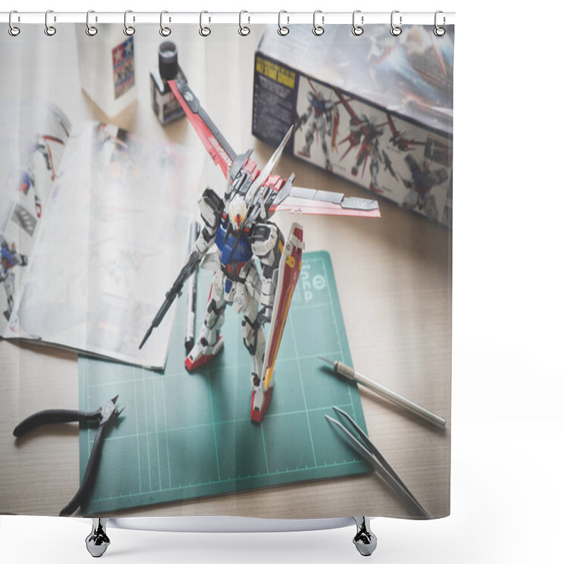 Personality  BANGKOK, THAILAND - Febuary 22, 2018: Plastic Model Of GAT-X105 Aile Strike Gundam Ver.RM Master Grade Scale 1:100 Shower Curtains