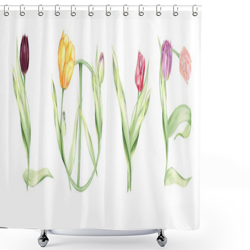 Personality  Watercolor  Floral Spring Lettering. Tulips Arrangements. Peace Sign. Valentines Tulips. Valentine Card. Pacifism Symbol. Love You  Word Shower Curtains