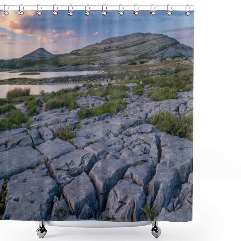 Personality  A Sunset Shot Of The Stunning And Mars Like Landscape That Is The Burren National Park, County Clare, Ireland With Small Lake In The Foreground Shower Curtains