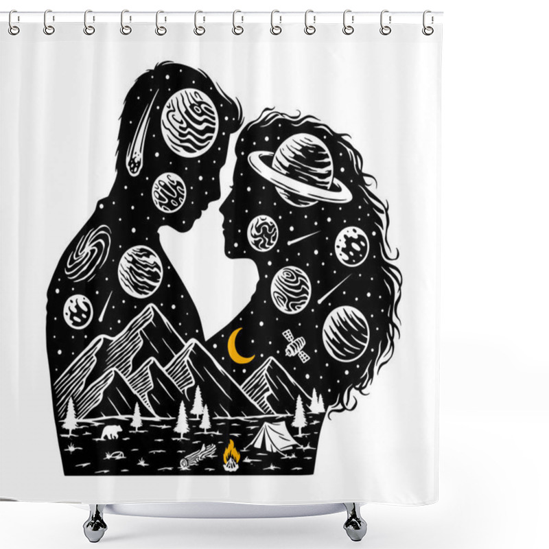 Personality  Vector Image With A Silhouettes Of Romantic Couple And Landscape With Mountains And Space In It.  Romantic In The Universe Concept Shower Curtains