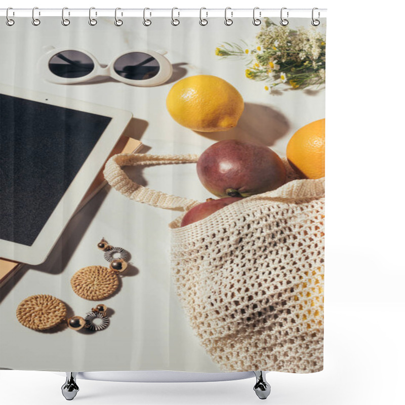 Personality  Close-up View Of Digital Tablet, Sunglasses, Earrings, Flowers And String Bag With Fresh Tropical Fruits Shower Curtains