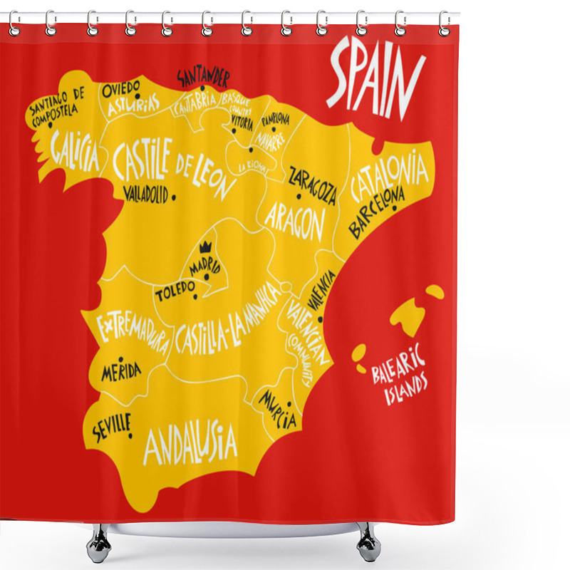 Personality  Vector Hand Drawn Stylized Map Of Spain Kingdom. Travel Illustration Of Spain Provinces And Cities. Hand Drawn Lettering Illustration. Europe Map Element Shower Curtains