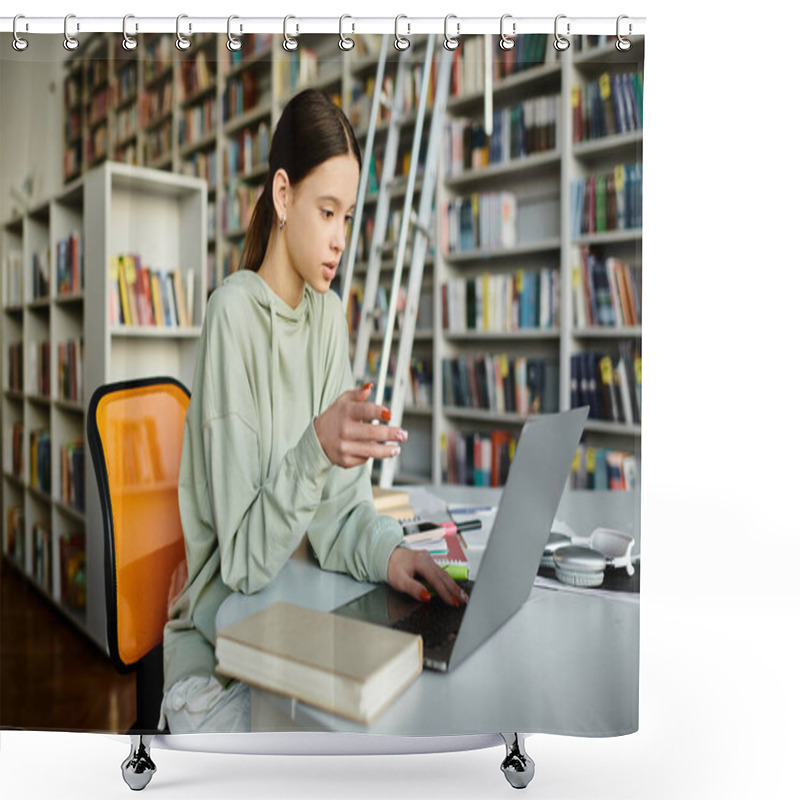 Personality  A Young Girl Diligently Working On Her Laptop In A Library, Engrossed In Her Studies After School. Shower Curtains