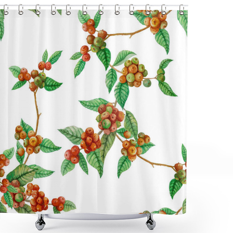 Personality  Seamless Repeat Pattern Of Red Ripe Coffee Fruits Branches And Green Leaf Illustration,  Watercolor Hand Drawing Isolated Clipping Path On White Background, Element For Fabric Textile Or Wallpaper Printing Shower Curtains