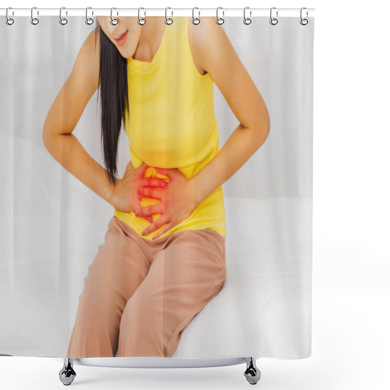 Personality  Women With Abdominal Pain And Health Care Concept : Asian Women Sit In Bed With Abdominal Pain, Abnormal Abdominal Organs, Possibly Menstruation.Severe Pain Is A Warning Sign Of Uterine Abnormalities. Shower Curtains